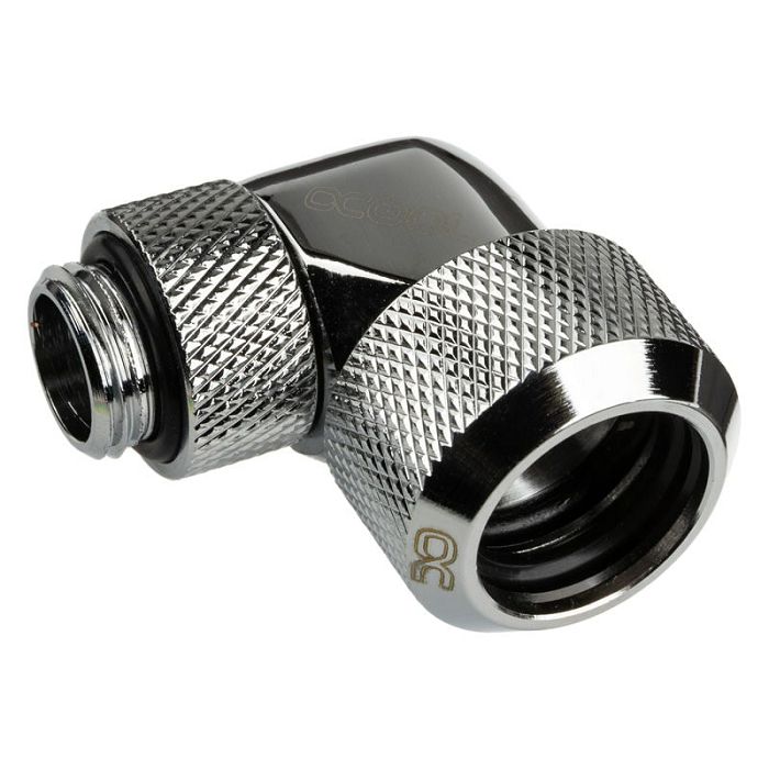 Alphacool icicle connection 90 degrees G1/4 inch AG to 16mm OD hard tube - rotatable, shiny silver