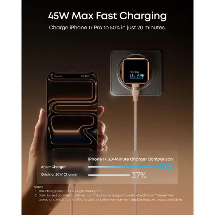 Anker Nano 45W Charger, Smart Display, White