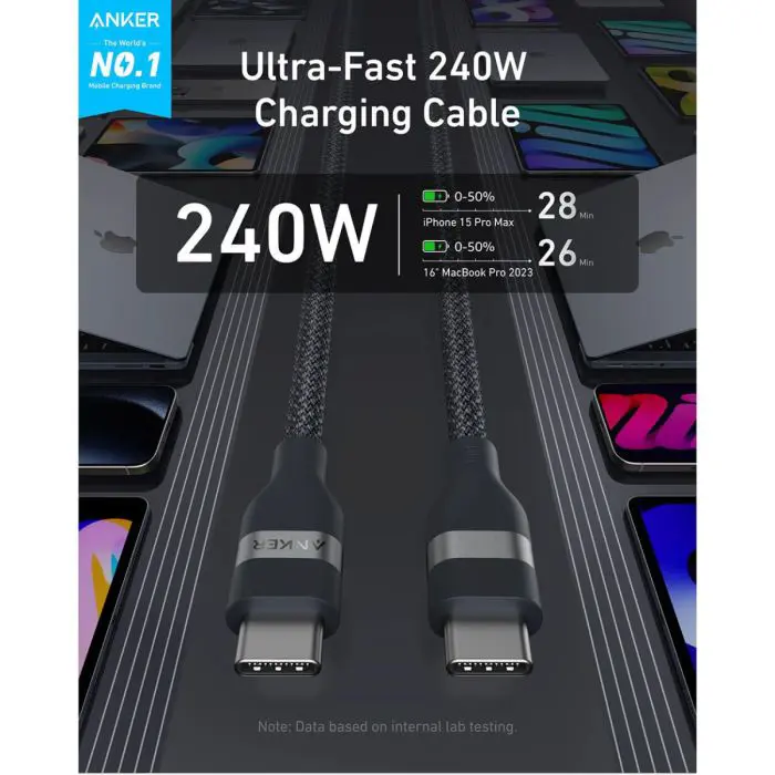 Anker pleteni USB-C na USB-C kabel 240 W, 0,9m, črn