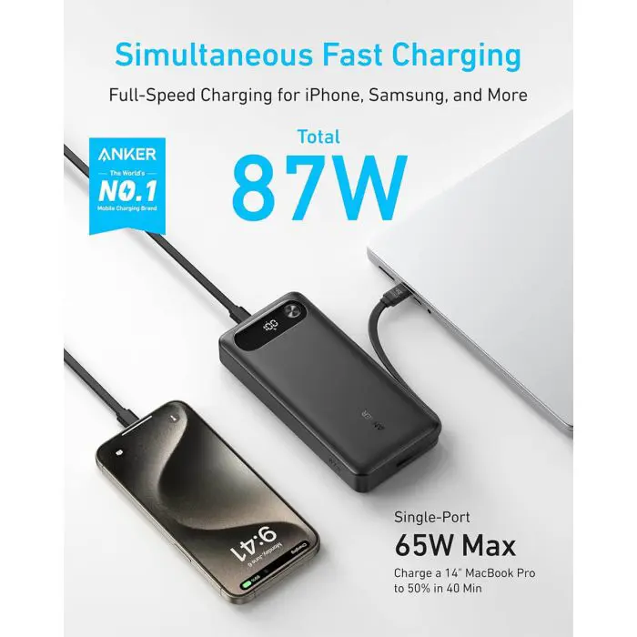 Anker Powerbank 20000 mAh, 87W with built-in USB-C cable, black