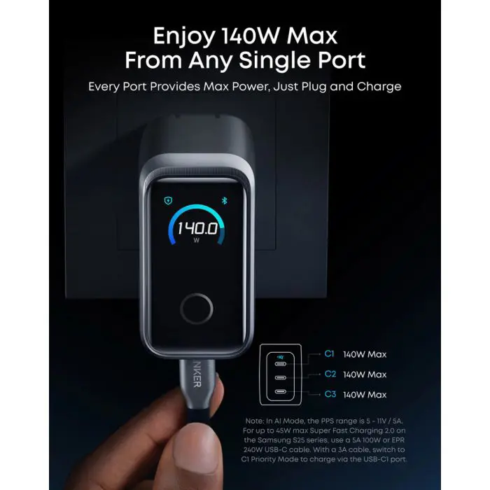 Anker Prime 100 W GaN 3-port charger, smart display, black