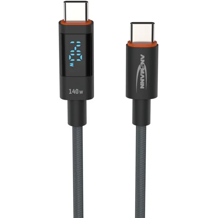 Ansmann USB 2.0 cable, USB-C plug > USB-C plug (anthracite, 2.0 meters, PD 3.1, charging with up to 140 watts, sleeved, integrated LED display)