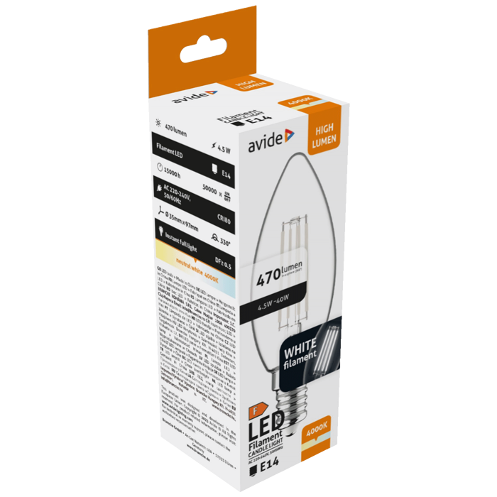 Avide Žarulja, LED 4.5W, E14, 4000K, 230V AC, bijela svjetlost - White Filament Candle 4.5W E14