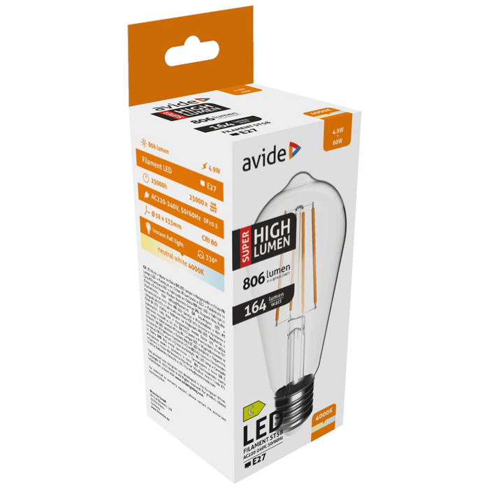 Avide Žarulja, LED 4.9W, E27, 4000K, 230V AC, bijela svjetlost - Filament ST58 4.9W E27
