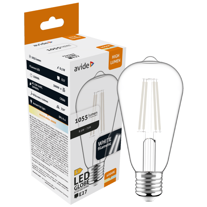 Avide Žarulja, LED 8.9W, E27, 4000K, 230V AC, bijela svjetlost - White Filament ST64 8.5W E27