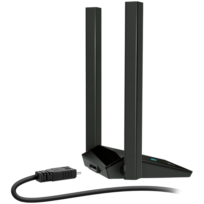 AX1800 High Gain Dual Band Wi-Fi 6 USB AdapterSPEED: 1201 Mbps at 5 GHz + 574 Mbps at 2.4 GHzSPEC: 2× High Gain External Antennas, USB 3.0, Extension CableFEATURE: MU-MIMO, OFDMA, WPA3