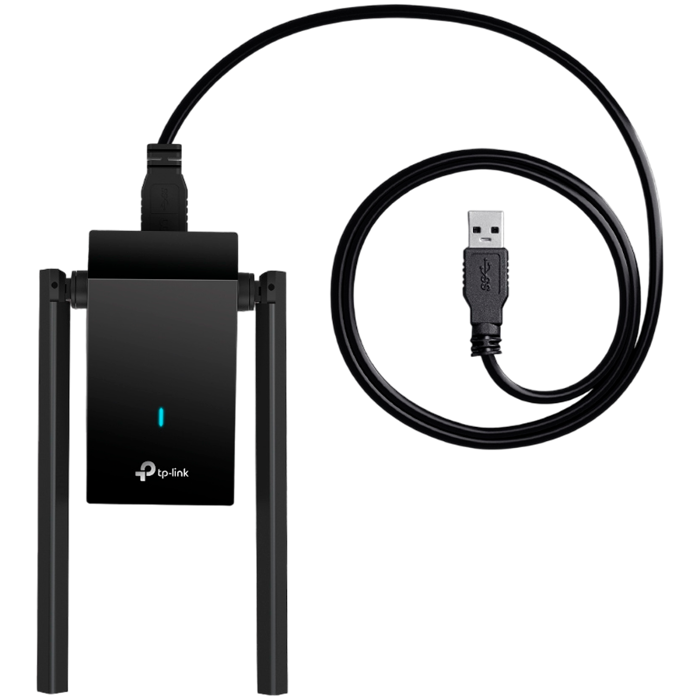 AX1800 High Gain Dual Band Wi-Fi 6 USB AdapterSPEED: 1201 Mbps at 5 GHz + 574 Mbps at 2.4 GHzSPEC: 2× High Gain External Antennas, USB 3.0, Extension CableFEATURE: MU-MIMO, OFDMA, WPA3