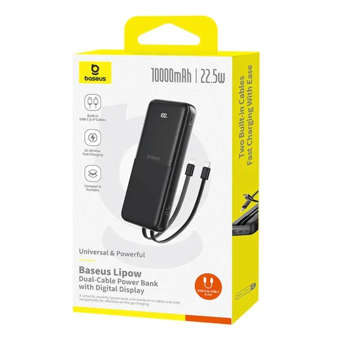Baseus Lipow Powerbank with dual built-in cable and display 10000mAh 22.5W Black