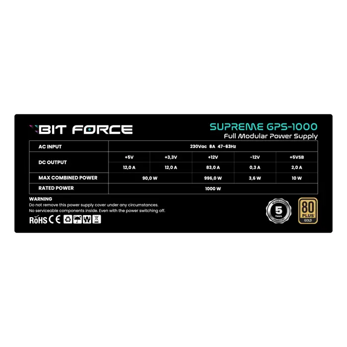 BIT FORCE napajanje 1000W 80PLUS GOLD SUPREME GPS-1000 modularno ATX 3.1 PCI-E 5.1 FDB