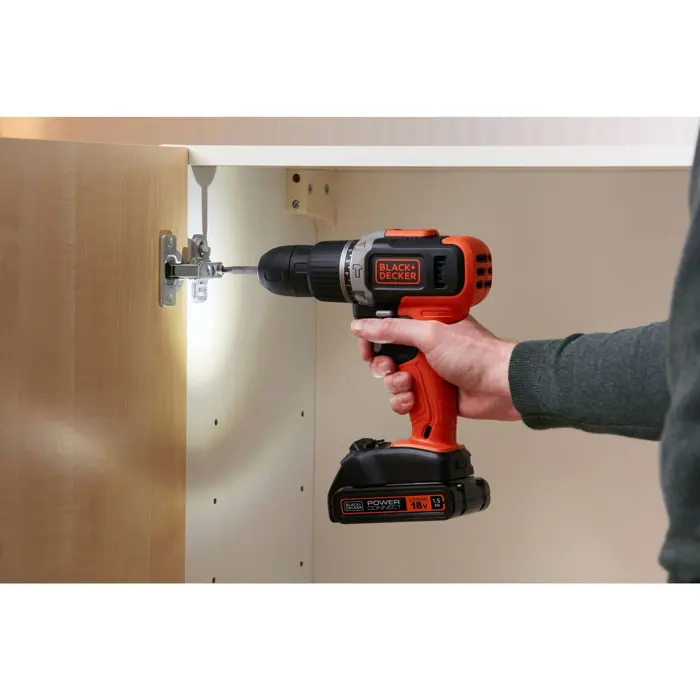 BLACK+DECKER cordless impact drill BCKSB02, 18Volt (orange/black, Li-ion battery 1.5Ah, storage box, 62-piece accessory set)