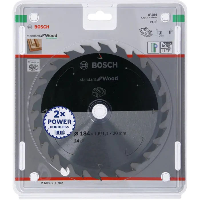 Bosch circular saw blade Standard for Wood, 184mm, 24Z (bore 20mm, for cordless hand-held circular saws)