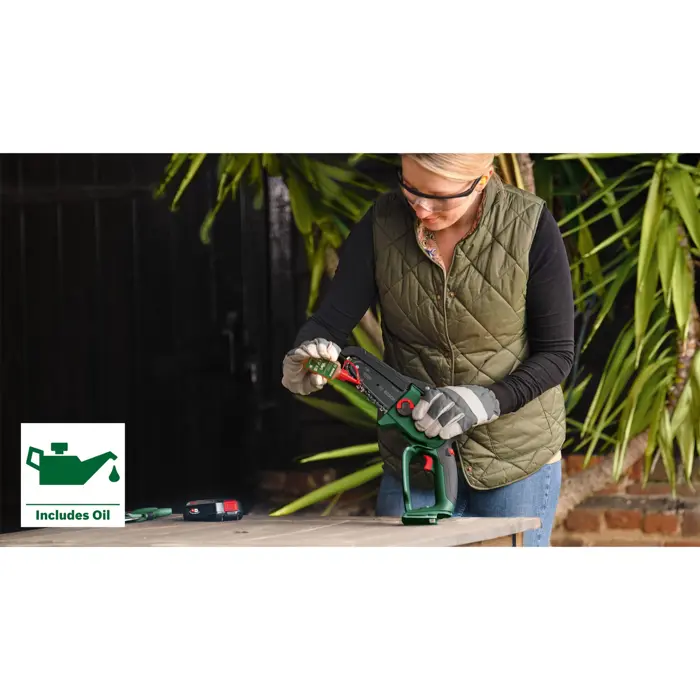 Bosch cordless chainsaw EasyChain 18V-15-7, 18Volt, electric chainsaw (green/black, Li-ion battery 2.5Ah, POWER FOR ALL ALLIANCE)
