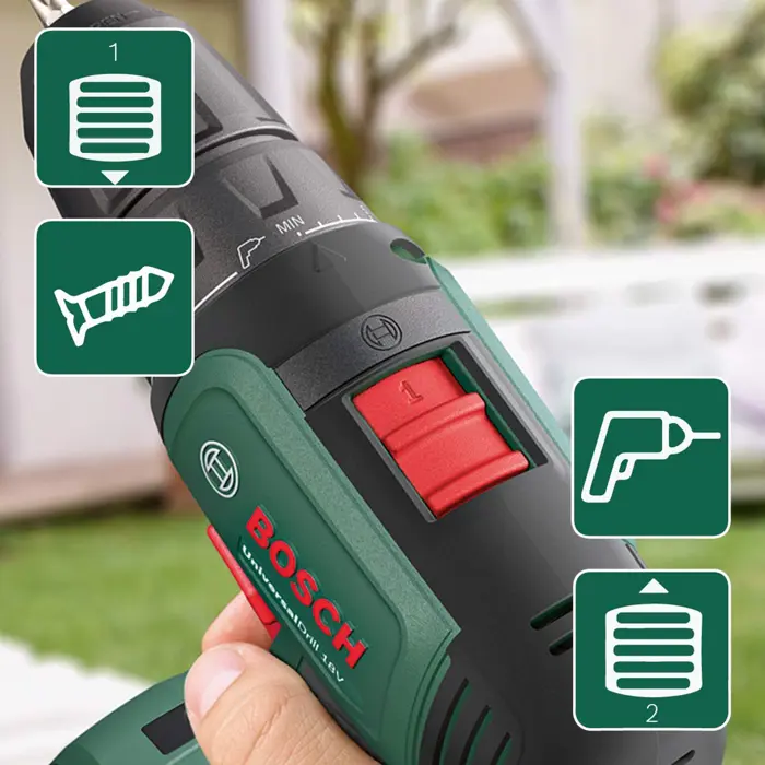 Bosch Cordless drill UniversalDrill 18V (green/black, 2x Li-ion battery 1.5Ah, case)
