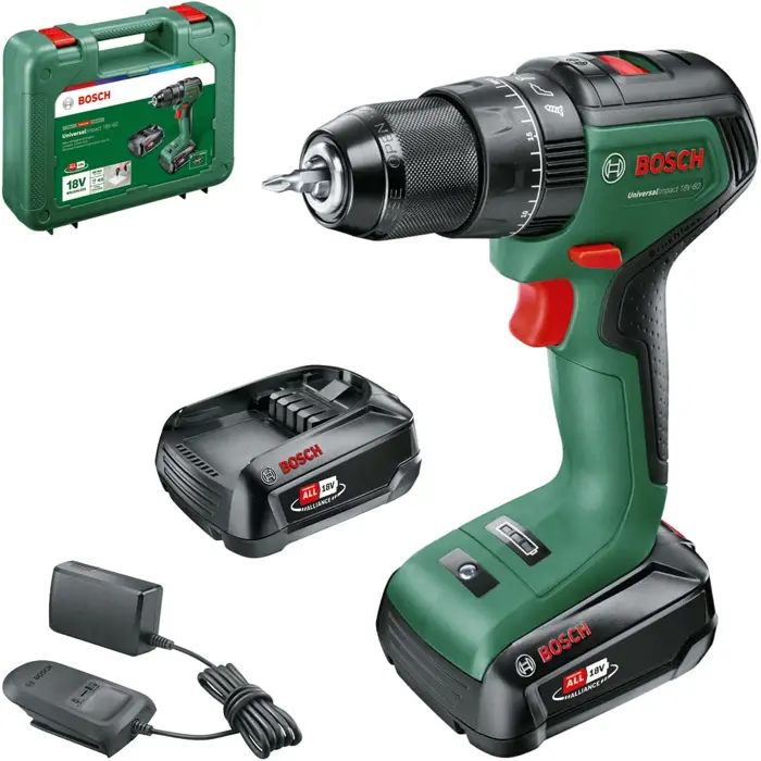 Bosch cordless impact drill UniversalImpact 18V-60 (green/black, 2x Li-ion battery 2.0Ah, case, POWER FOR ALL ALLIANCE)