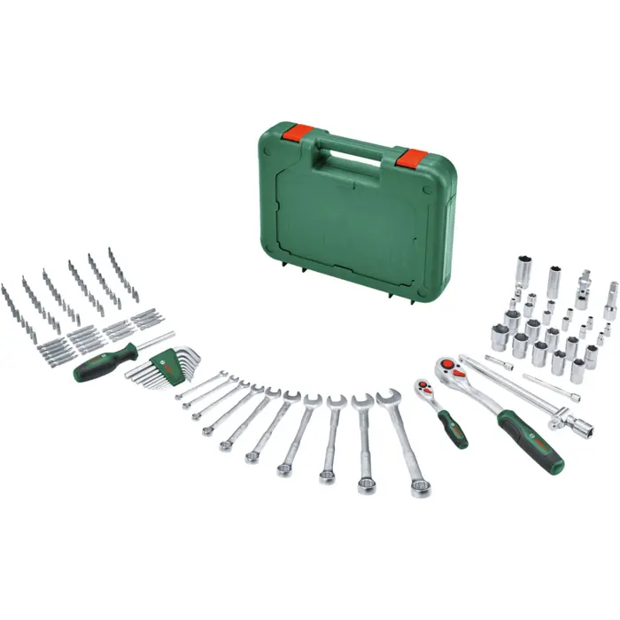 Bosch Powertools Advanced tool case, 132 pieces (green, with 2 reversible ratchets 1/4" and 1/2")