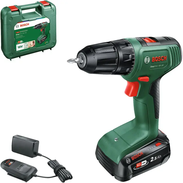Bosch Powertools cordless drill/driver EasyDrill 18V-38 (green/black, Li-ion battery 2.5Ah, case, POWER FOR ALL ALLIANCE)