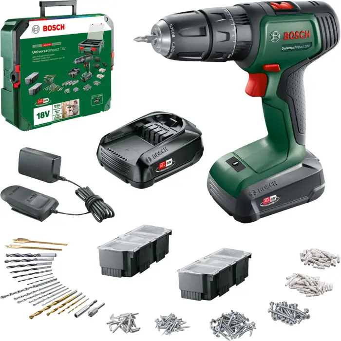 Bosch Powertools cordless impact drill UniversalImpact 18V (green/black, 2x Li-ion battery 1.5Ah, 241-piece set)
