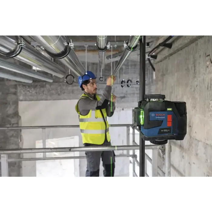Bosch Professional Cordless Line Laser GLL 12V-100-33 CG Professional blue/black, Li-Ion battery 12V 2.0Ah, green laser lines, including universal holder LB 10, ceiling clamp DK 20, L-BOXX