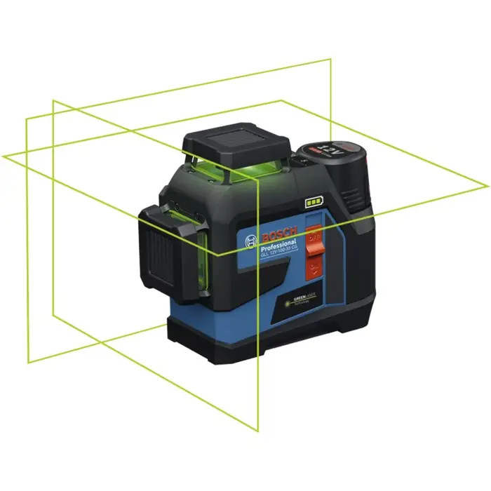 Bosch Professional Cordless Line Laser GLL 12V-100-33 CG Professional blue/black, Li-Ion battery 12V 2.0Ah, green laser lines, including universal holder LB 10, ceiling clamp DK 20, L-BOXX