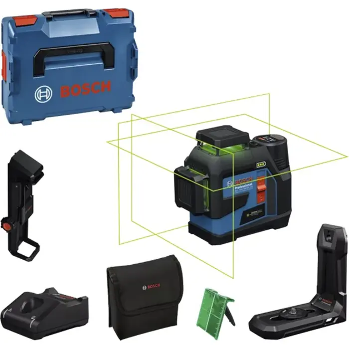 Bosch Professional Cordless Line Laser GLL 12V-100-33 CG Professional blue/black, Li-Ion battery 12V 2.0Ah, green laser lines, including universal holder LB 10, ceiling clamp DK 20, L-BOXX