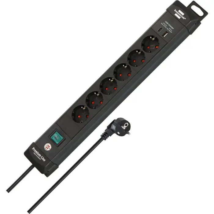 Brennenstuhl Premium-Line 6-way power strip, 2x USB black, 3 meter cable, USB-A, USB-C, with safety switch