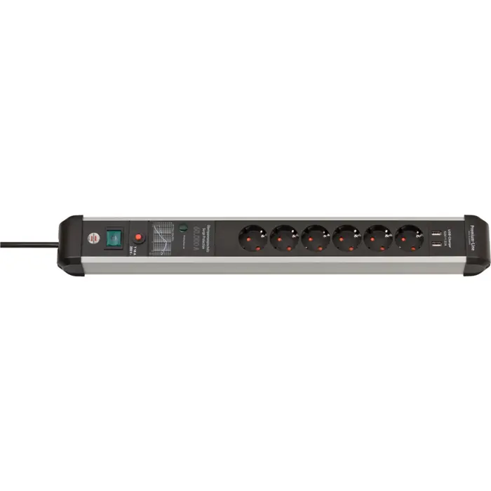 Brennenstuhl Premium-Protect-Line 6-way power strip, black/aluminum, 3 meters, 60,000A surge protection, 2x USB-A