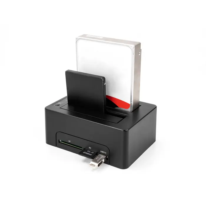 DeLOCK Dual docking station for 2 x SATA HDD / SSD (black, with clone function, card reader, USB-A)
