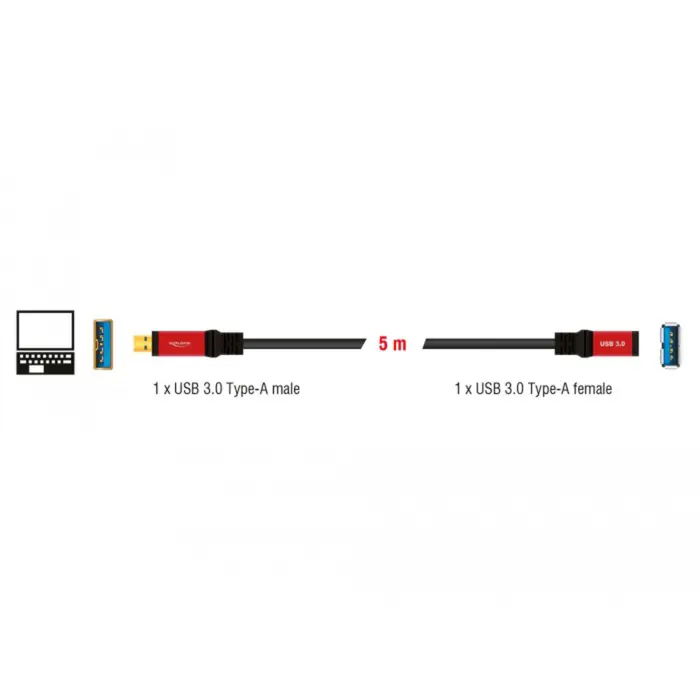 DeLOCK USB 3.2 Gen 1 extension cable, USB-A male > USB-A female (black/red, 5 meters, SuperSpeed)