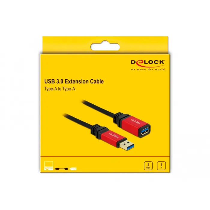 DeLOCK USB 3.2 Gen 1 extension cable, USB-A male > USB-A female (black/red, 5 meters, SuperSpeed)