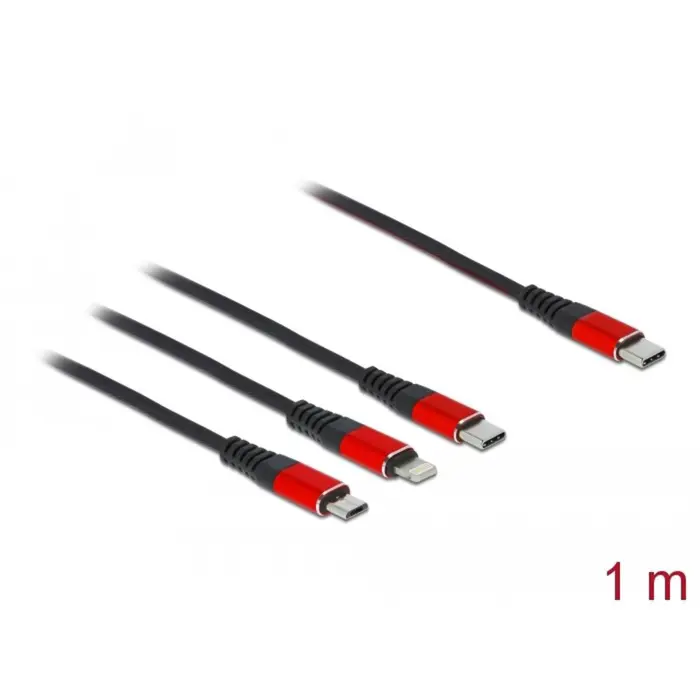 DeLOCK USB charging cable, USB-C plug > Micro-USB + USB-C + Lightning plug (black/red, 1 meter, sleeved, only charging function)