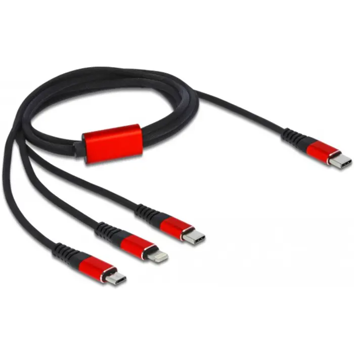 DeLOCK USB charging cable, USB-C plug > Micro-USB + USB-C + Lightning plug (black/red, 1 meter, sleeved, only charging function)
