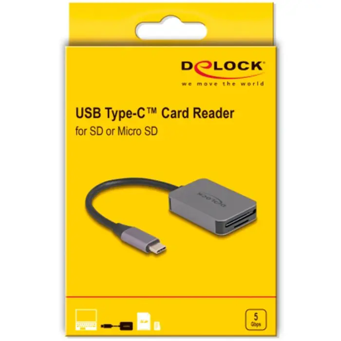 DeLOCK USB Type-C Card Reader for SD or Micro SD memory cards, grey card reader