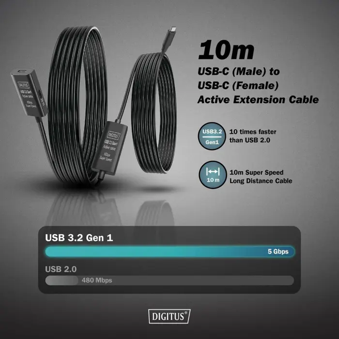 Digitus Active USB 3.2 Gen 1 extension cable, USB-C male > USB-C female (black, 10 meters, repeater cable)