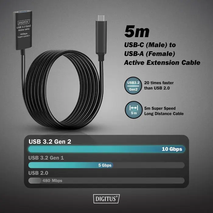 Digitus Active USB 3.2 Gen 2 extension cable, USB-C male > USB-A female (black, 5 meters, repeater cable)