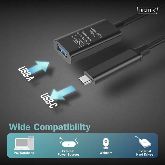 Digitus Active USB 3.2 Gen 2 extension cable, USB-C male > USB-A female (black, 5 meters, repeater cable)