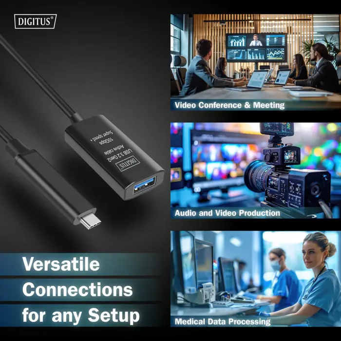 Digitus Active USB 3.2 Gen 2 extension cable, USB-C male > USB-A female (black, 5 meters, repeater cable)
