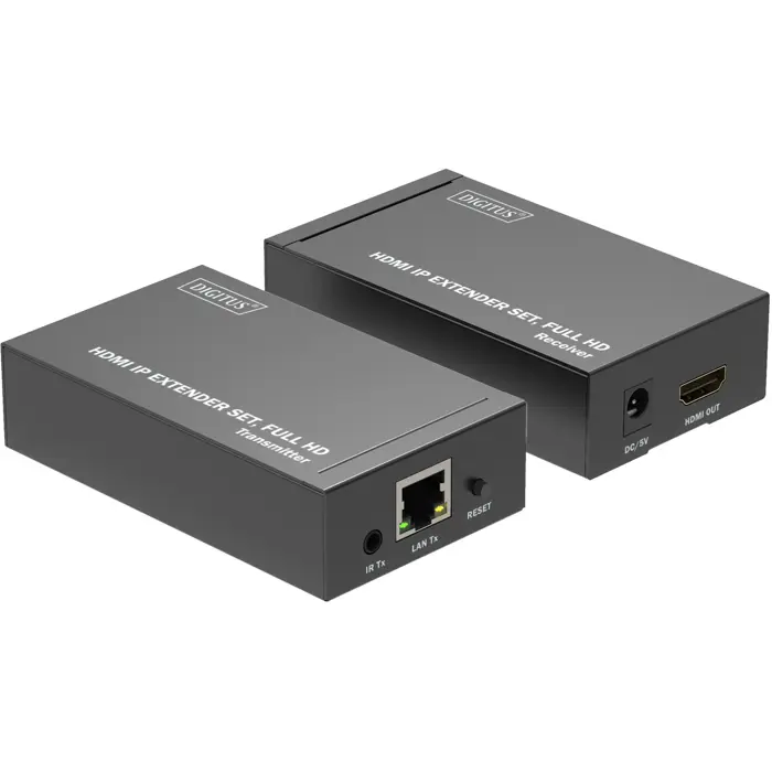 Digitus HDMI IP Extender Set, HDMI extension black, 1x transmitter, 1x receiver