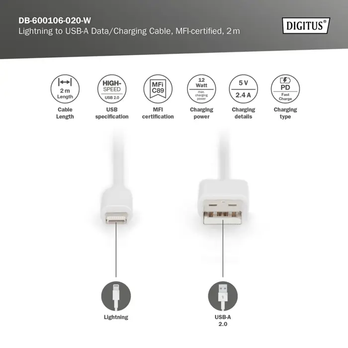 Digitus USB 2.0 data/charging cable USB-A > Lightning, MFI certified (white, 2 meters, PD, charging with up to 12 watts)