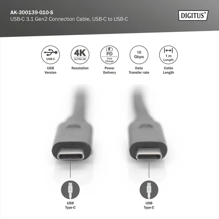 Digitus USB 3.2 Gen 2 connection cable USB-C > USB-C (black, 1 meter, PD, charging with up to 100 watts)