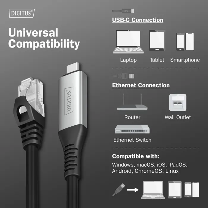 Digitus USB-C 3.2 Gen1 > RJ-45 Ethernet cable, 1Gbit/s (black, 5 meters, 10/100/1,000Mbit/s)