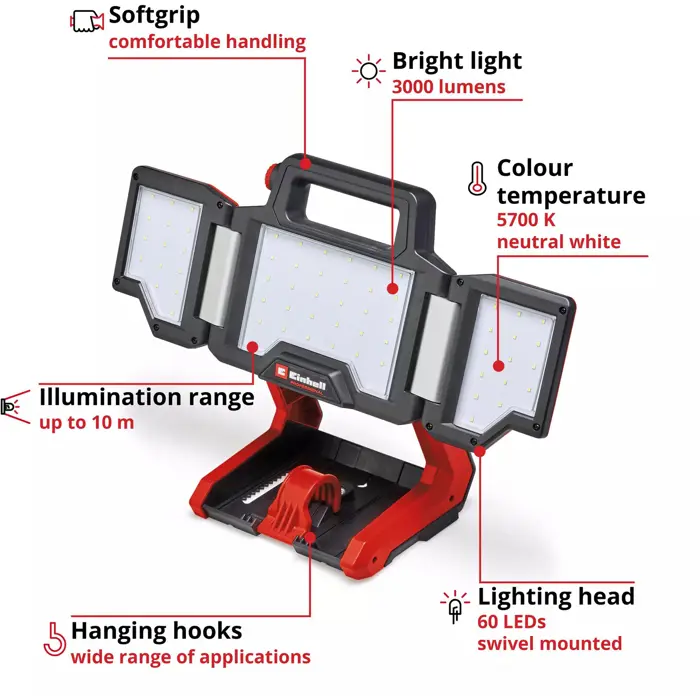 EINHELL Cordless Lamp TP-CL 18/3000 Li - Solo, Construction Spotlight red, without battery and charger