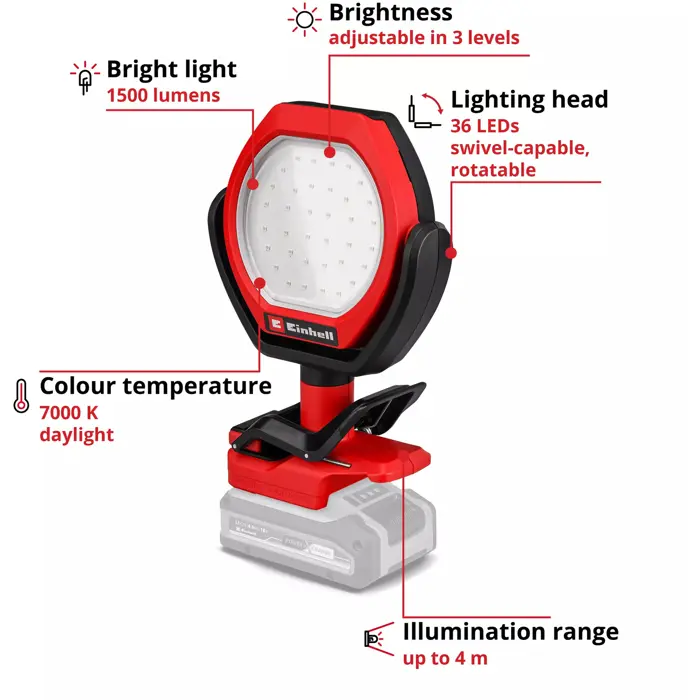 EINHELL Cordless Outdoor Lamp GC-OL 18/1500 Li-Solo, LED light without battery and charger