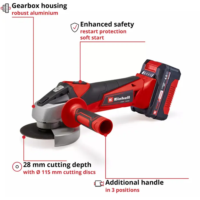 EINHELL Power X-Change cordless angle grinder TC-AG 18/115 Li Kit, 18 Volt red/black, Li-Ion battery 4.0 Ah