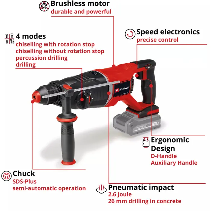 Einhell Professional Cordless Hammer Drill TP-HD 18/26 D Li BL - Solo (black/red, without battery and charger, in E-Case)