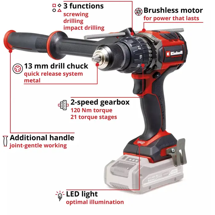 EINHELL Professional Cordless Impact Drill TP-CD 18/120 Li-i BL - Solo, 18 Volt black/red, without battery and charger