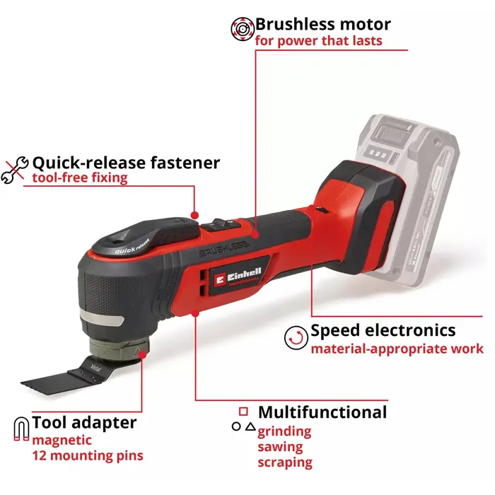EINHELL Professional cordless multi-function tool TP-MG 18 Li BL-Solo, 18V red/black, without battery and charger, including accessories