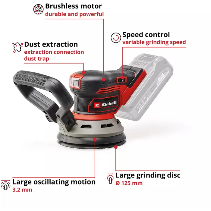 EINHELL Professional cordless random orbit sander TP-RS 18/32 Li BL-Solo, 18V red/black, without battery and charger