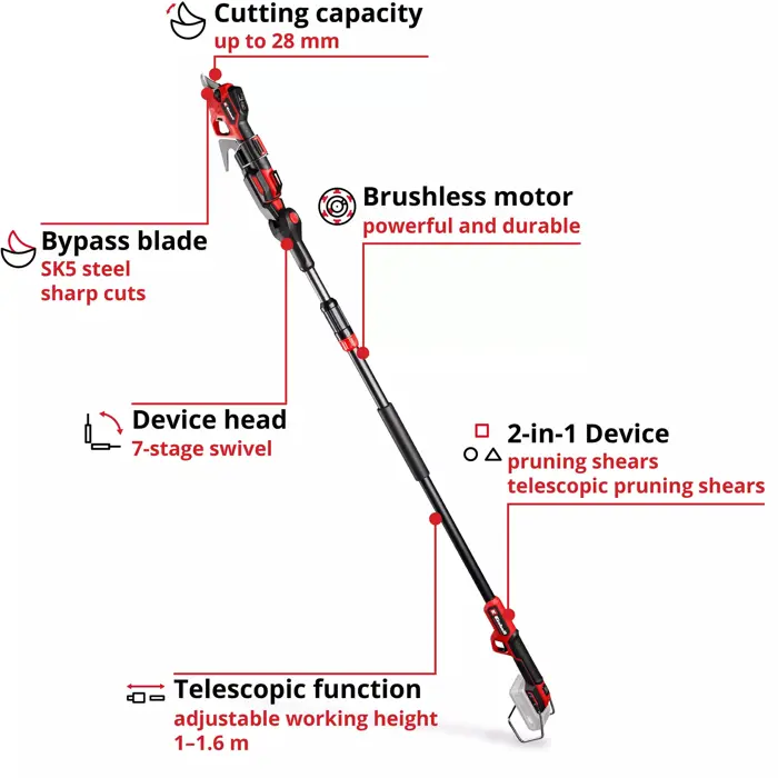 EINHELL Professional Cordless Telescopic Pruning Shears GP-LS 18/28 Li T BL-Solo, 18 Volt red/black, without battery and charger, 2-in-1 pruner or telescopic pruner