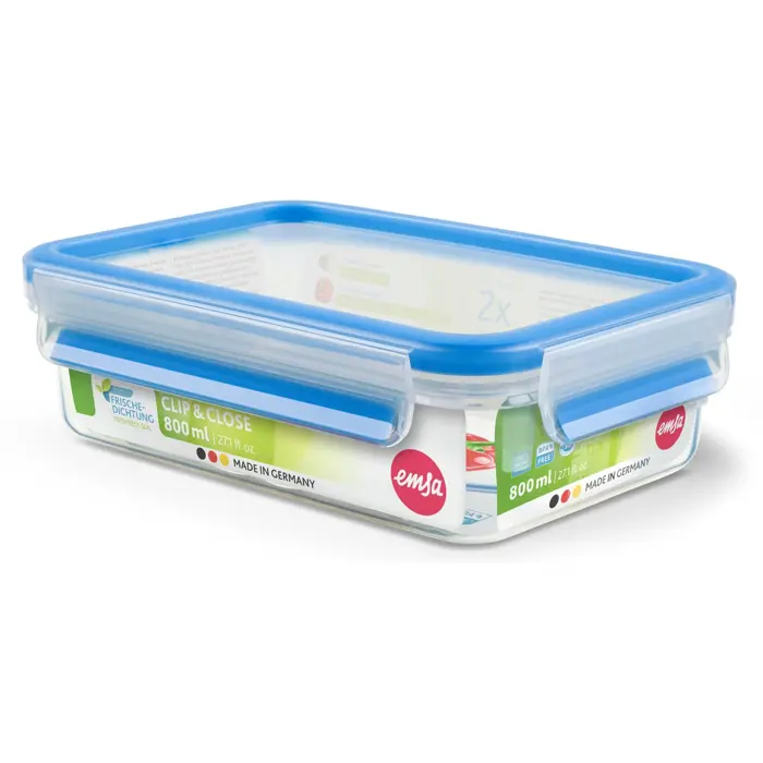 Emsa CLIP & CLOSE food storage container 0.8 liters (transparent/blue, rectangular, classic format)