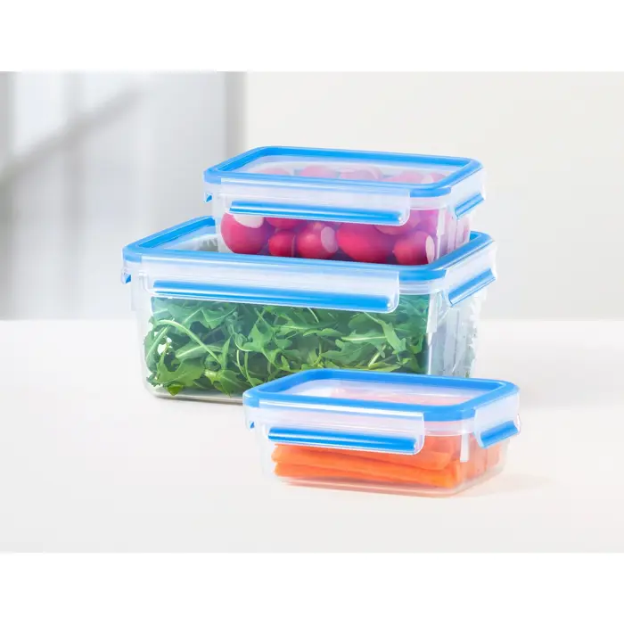 Emsa CLIP & CLOSE food storage container set, 3-piece (transparent/blue, rectangular, 3 containers + 3 lids)